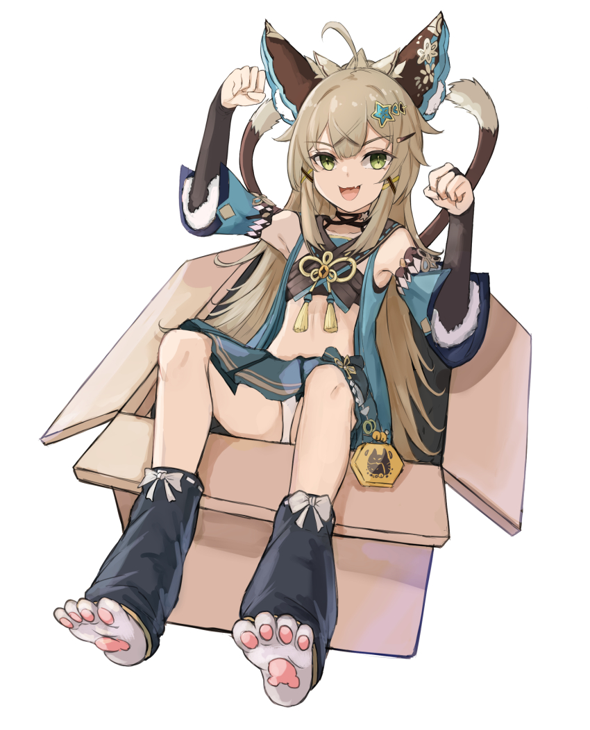 1girl :d absurdres ahoge animal_ear_fluff animal_ears armpits bare_shoulders black_socks blue_skirt box cardboard_box cat_ears cat_tail commentary_request crop_top detached_sleeves fake_animal_ears genshin_impact green_eyes grey_hair highres kirara_(genshin_impact) long_hair long_sleeves looking_at_viewer loose_socks midriff nui_gurumi open_mouth panties simple_background sitting skirt smile socks solo stomach tail underwear very_long_hair white_background white_panties