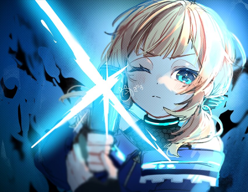 1girl blonde_hair blue_background blue_eyes blurry blurry_foreground closed_mouth depth_of_field gun hair_ornament highres holding holding_sword holding_weapon looking_at_viewer motosu_towa nogiro_(usa_ru) one_eye_closed solo sword twintails upper_body weapon world_dai_star