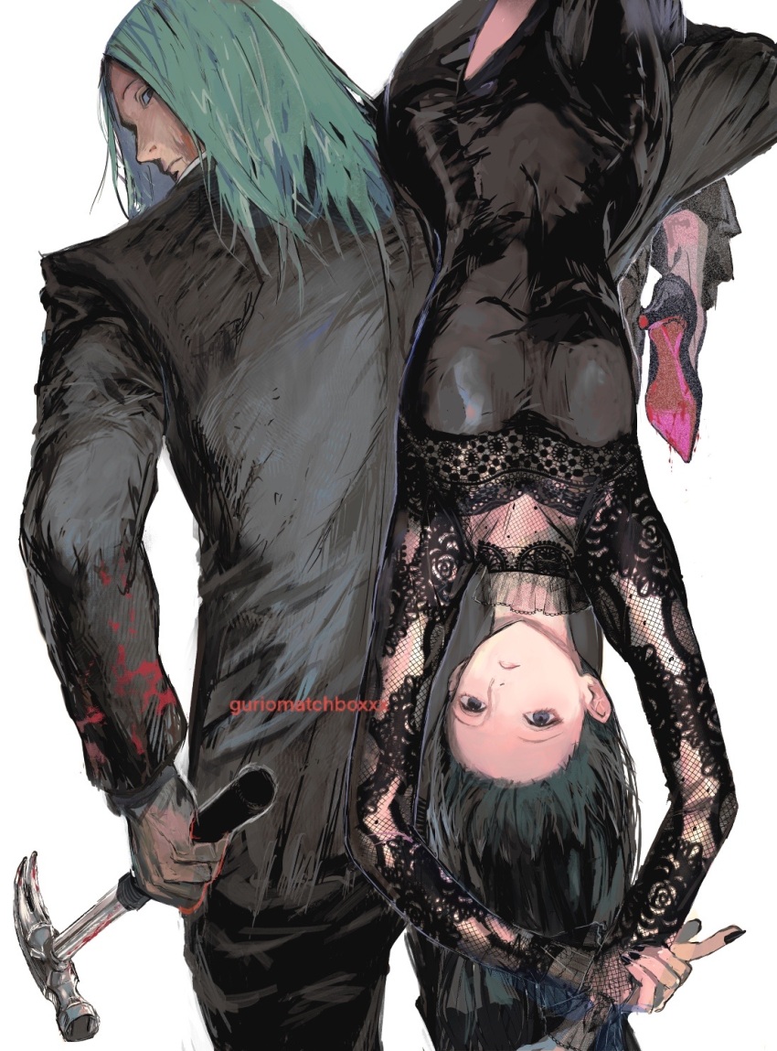 1boy 1girl artist_name assassin black_coat black_dress black_hair black_nails blank_stare blonde_hair breasts carrying_upside coat dress fishnet_dress fishnet_sleeves fishnets forehead grey_eyes grey_hair guri_otoko hammer high_heels highres looking_at_viewer nail_polish osaragi_(sakamoto_days) patterned_clothing sakamoto_days scar scar_on_chin scar_on_face see-through_clothes see-through_dress see-through_sleeves shishiba_(sakamoto_days) small_breasts stiletto_heels upside-down upside-down_head white_background