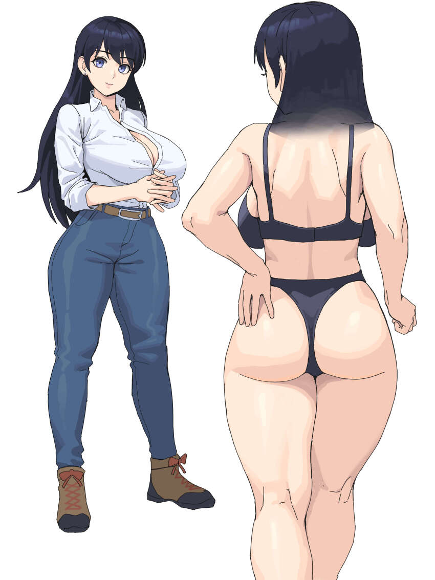 1girl absurdres arato_nagi ass back backboob bare_arms belt black_bra black_hair black_panties blue_pants bra breasts brown_shoes cleavage closed_mouth collarbone collared_shirt commentary_request curvy ear_piercing earrings from_behind full_body highres jewelry ksksksa large_breasts long_hair long_sleeves looking_at_viewer multiple_views panties pants piercing purple_eyes ruri_no_houseki shirt shoes shoulder_blades sidelocks smile standing stud_earrings thighs underwear underwear_only white_shirt