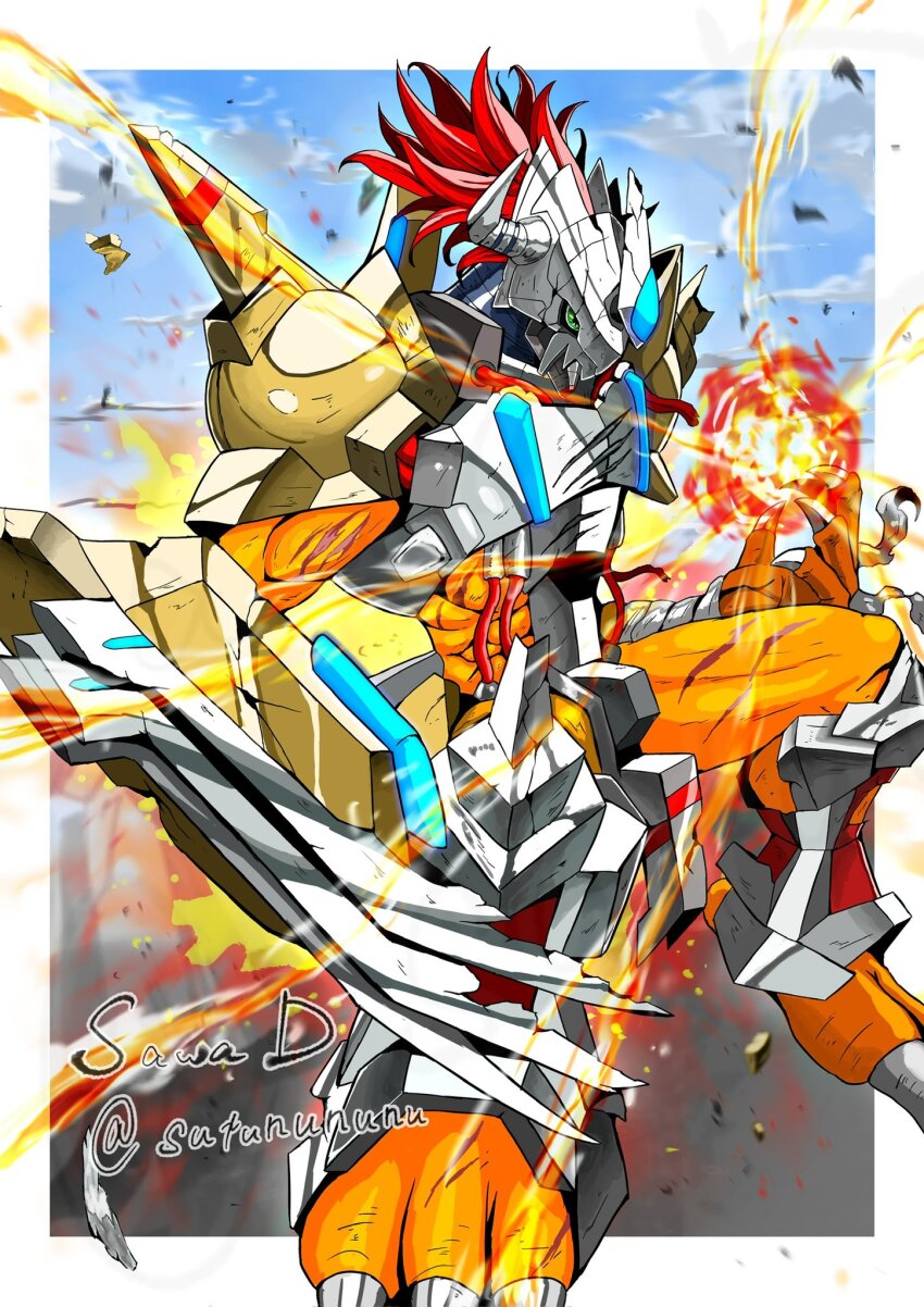 armor broken_armor claw_(weapon) colored_skin digimon digimon_(creature) dragon fire helmet highres orange_scales orange_skin red_hair sawa_d short_hair wargreymon wargreymon_x-antibody weapon yellow_armor