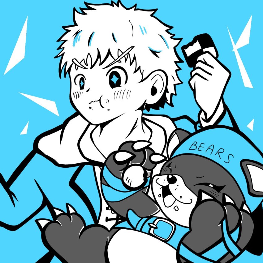 bear bearmon blush closed_eyes digimon digimon_rearise eating fang hat highres natsuyagi_kazuma open_mouth
