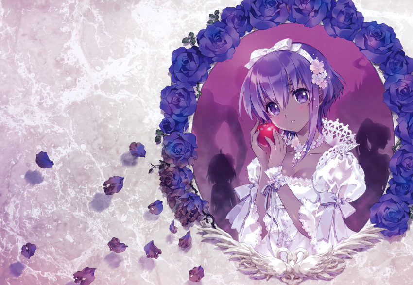 1girl absurdres apple assassin_(fate/zero) blush breasts carnelian child_assassin_(fate/zero) cleavage collarbone dark-skinned_female dark_skin detached_collar dress fate/grand_order fate/zero fate_(series) female_assassin_(fate/zero) flower food fruit hair_ornament hairband hassan_of_serenity_(fate) hassan_of_the_cursed_arm_(fate) highres holding huge_filesize juliet_sleeves king_hassan_(fate) long_sleeves looking_at_viewer medium_breasts parted_lips petals puffy_short_sleeves puffy_sleeves purple_eyes purple_hair scan see-through_clothes shiny_skin short_hair short_sleeves silhouette simple_background smile upper_body white_dress wrist_cuffs