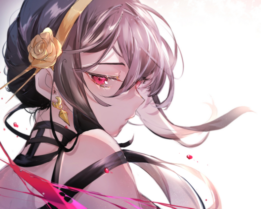 1girl commentary earrings flower hair_flower hair_ornament hairband highres jewelry long_hair looking_at_viewer red_eyes rose solo spy_x_family symbol-only_commentary white_background yaki_ringo1 yellow_flower yellow_rose yor_briar