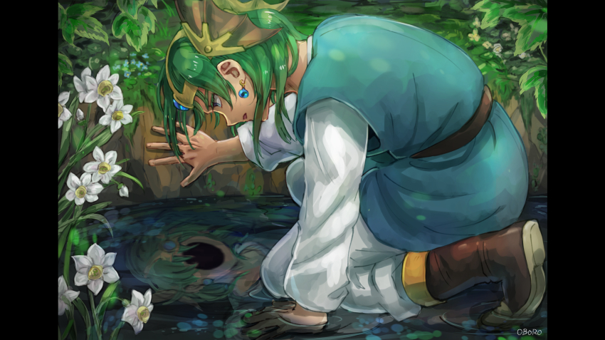 1boy aqua_tunic black_border blue_eyes boots border brown_boots colored_eyelashes commentary_request dragon_quest dragon_quest_iv earrings flower gold_headwear green_hair hero_(dq4) highres jewelry leaf looking_at_reflection looking_down male_focus medium_hair oboro_dqp on_one_knee open_mouth pants reflection reflective_water solo tunic water white_flower white_pants
