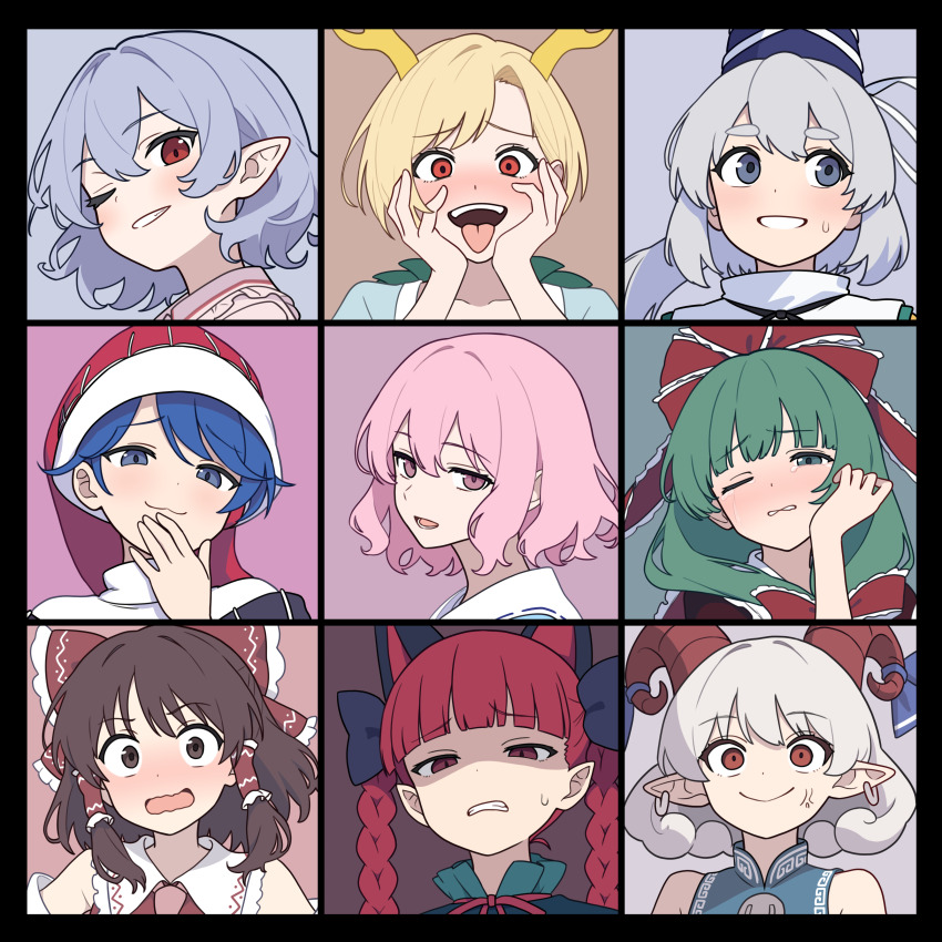 6+girls absurdres anger_vein angry animal_ears antlers averting_eyes black_bow blonde_hair blue_eyes blue_hair blue_shirt blush bow braid brown_eyes brown_hair cat_ears closed_mouth collared_shirt commentary curly_hair doremy_sweet earrings embarrassed extra_ears frilled_bow frilled_hair_tubes frilled_ribbon frills front_ponytail green_eyes green_hair grey_hair grin hair_bow hair_ribbon hair_tubes hakurei_reimu hands_on_own_cheeks hands_on_own_face hat highres hoop_earrings horn_ornament horn_ribbon horns jewelry kaenbyou_rin kagiyama_hina kicchou_yachie long_hair looking_at_viewer mononobe_no_futo multiple_girls nightcap no_headwear one_eye_closed open_mouth pink_shirt pointy_ears ponytail red_bow red_eyes red_hair red_hat red_horns red_ribbon remilia_scarlet ribbon saigyouji_yuyuko shaded_face sheep_horns shirt smile snackdang sweatdrop tate_eboshi tongue tongue_out touhou toutetsu_yuuma twin_braids yellow_horns