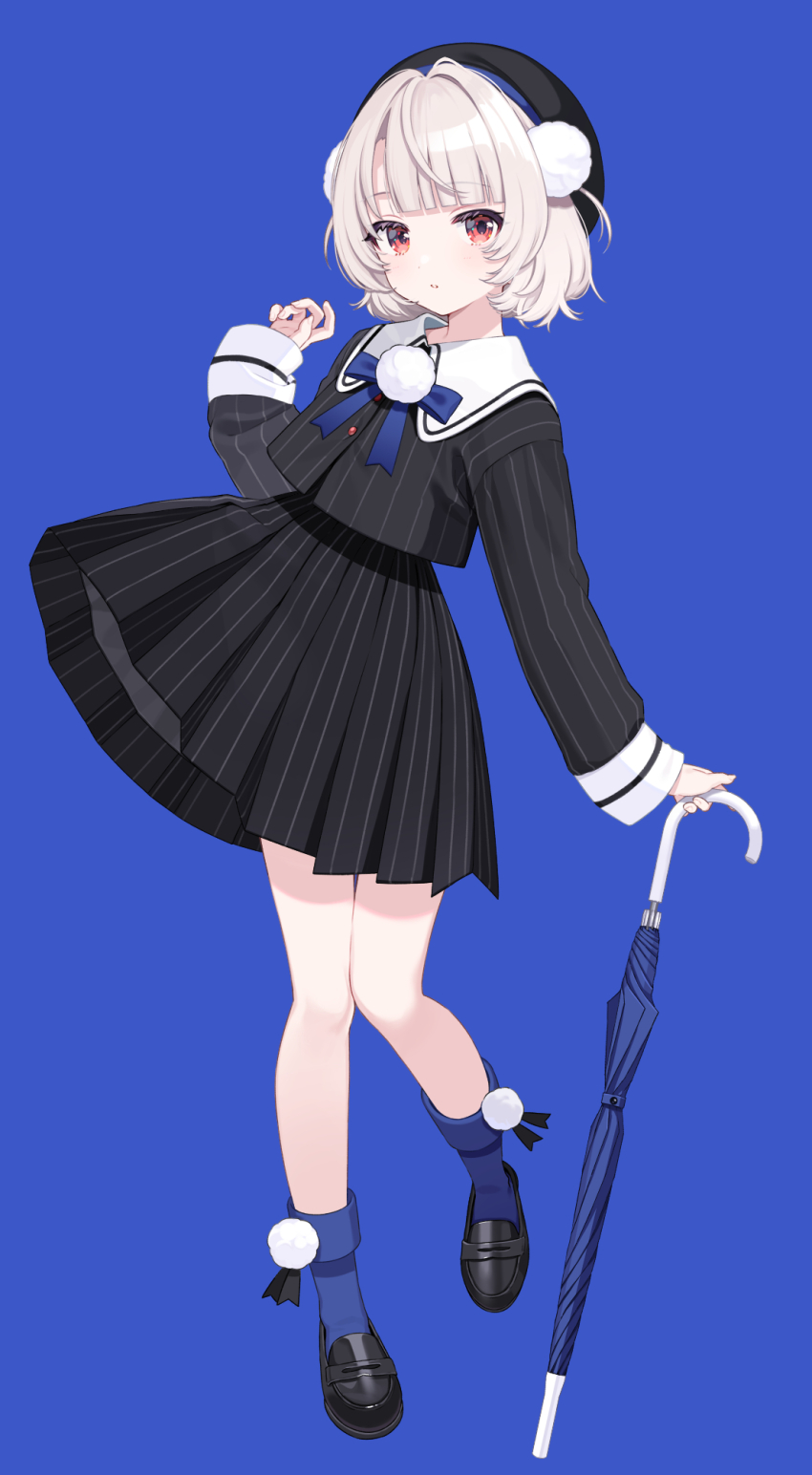 1girl beret black_jacket black_shoes black_skirt blue_background blue_socks blue_umbrella hair_ornament hand_up hat highres holding holding_umbrella jacket loafers long_sleeves looking_at_viewer official_art pinstripe_jacket pinstripe_pattern pinstripe_skirt pom_pom_(clothes) pom_pom_hair_ornament red_eyes sailor_collar shigure_ui shoes short_hair skirt socks solo tachi-e ui_(voisona) umbrella voisona white_hair white_sailor_collar
