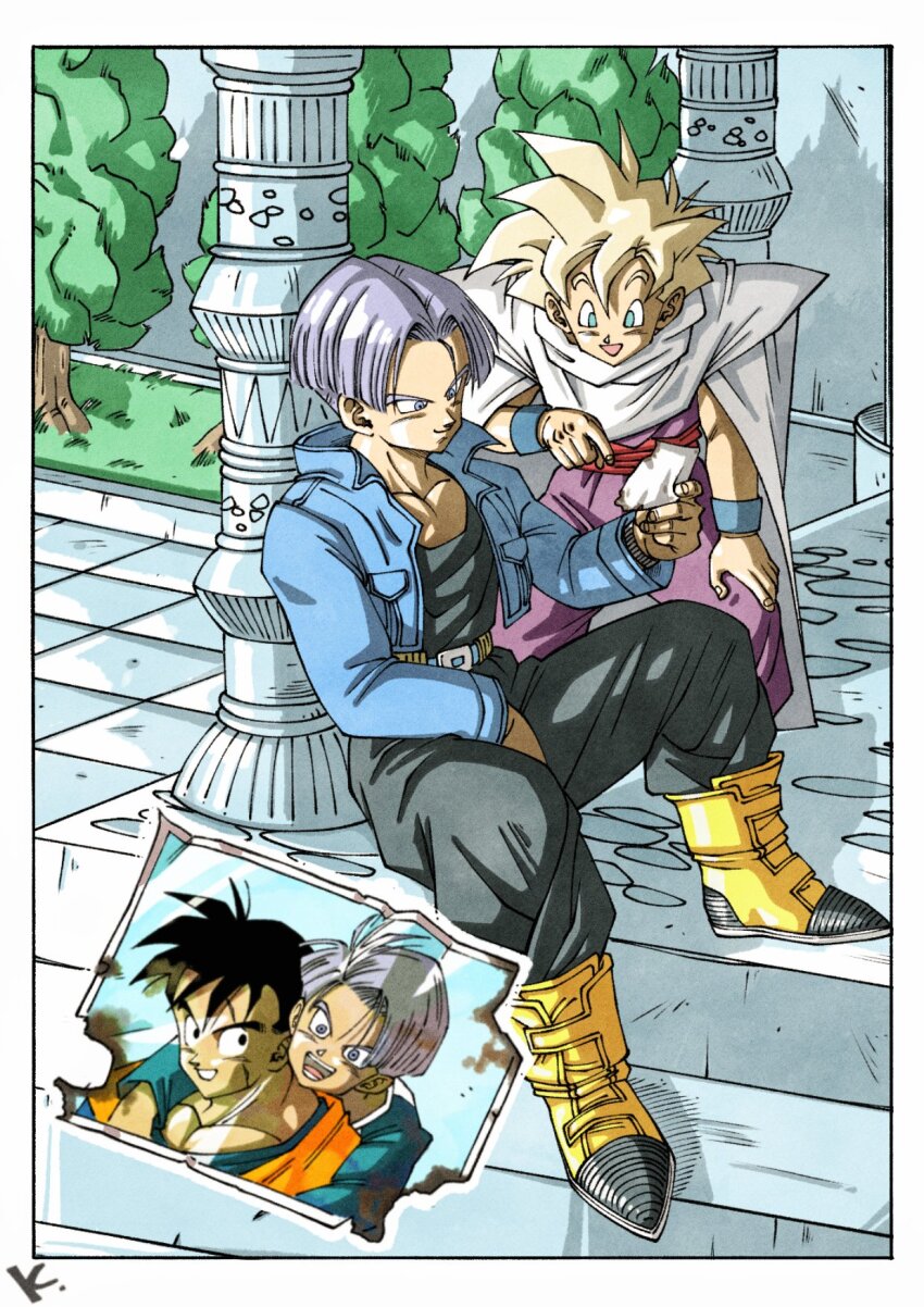 2boys black_jumpsuit black_pants blonde_hair blue_eyes blue_jacket boots border cape day dragon_ball dragonball_z grey_hair highres jacket jumpsuit kakeru_(dbskakeru) multiple_boys open_clothes open_jacket outdoors outside_border pants photo_(object) pointing pointing_at_object purple_jumpsuit scar scar_across_eye scar_on_face son_gohan_(future) toriyama_akira_(style) trunks_(dragon_ball) white_border white_cape yellow_boots