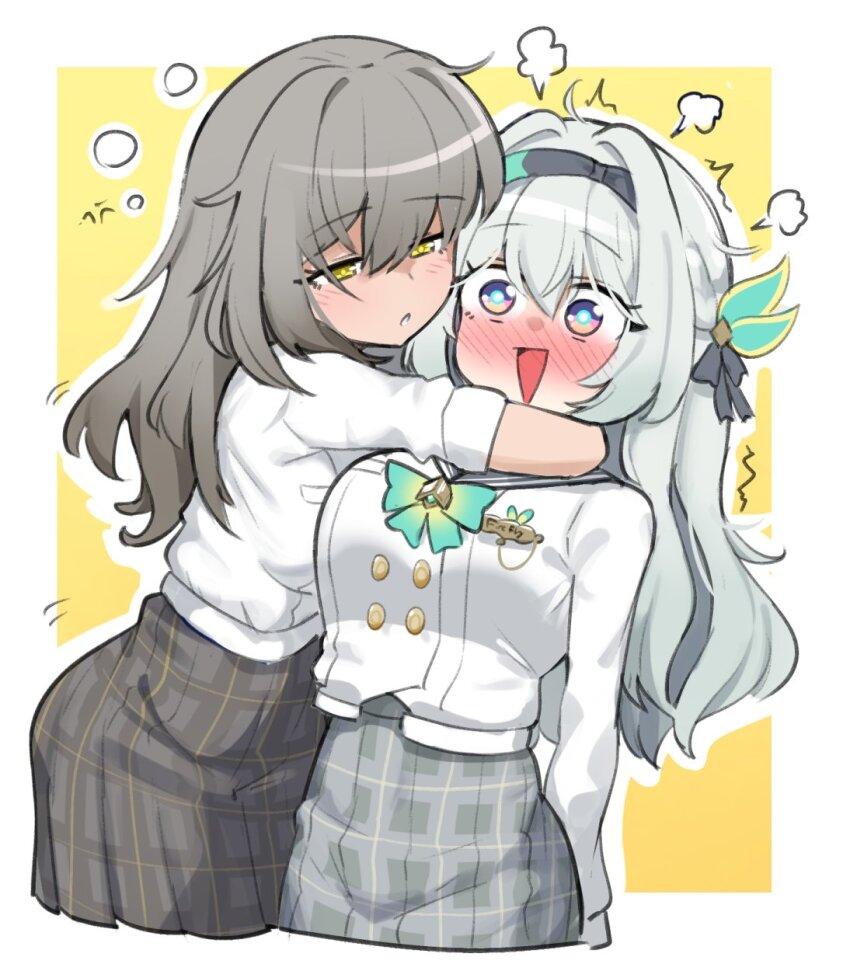 2girls black_hairband black_ribbon blush bow bowtie buttons collared_shirt double-breasted firefly_(honkai:_star_rail) firefly_(spring_missive)_(honkai:_star_rail) green_bow green_bowtie green_pupils grey_hair grey_skirt hair_between_eyes hair_intakes hair_ornament hair_ribbon hairband highres honkai:_star_rail honkai_(series) hug long_hair multicolored_eyes multiple_girls open_mouth pleated_skirt ribbon shirt sifserf skirt stelle_(honkai:_star_rail) teeth trailblazer_(honkai:_star_rail) two-tone_eyes white_shirt yellow_eyes