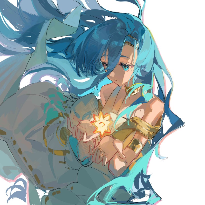 1girl 37_(reverse:1999) :o absurdres ancient_greek_clothes bare_shoulders blue_eyes blue_hair floating_hair gold_choker greco-roman_clothes hair_between_eyes hand_up highres long_hair looking_down meiyou_lizhi off_shoulder reverse:1999 solo stellated_octahedron toga upper_body very_long_hair white_background