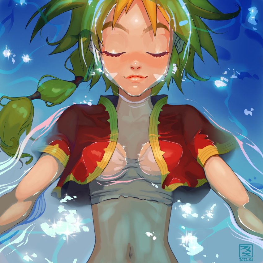 1girl afloat blonde_hair breasts chrono_cross closed_eyes crop_top cropped_jacket facial_mark fumezu1 highres jacket kid_(chrono_cross) long_hair midriff multi-tied_hair navel partially_submerged red_jacket shirt short_sleeves small_breasts smile solo upper_body water white_shirt