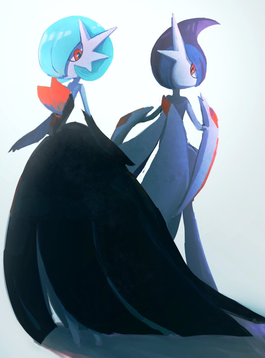 alternate_color arm_blade black_dress black_gloves blue_hair bob_cut cape colored_skin dress elbow_gloves gallade gardevoir gen_3_pokemon gen_4_pokemon gloves hair_over_one_eye highres mega_gallade mega_gardevoir mega_pokemon nintendo orange_eyes pokemon pokemon_(creature) shiny_pokemon simple_background strapless strapless_dress tori_tya3 weapon white_cape white_skin