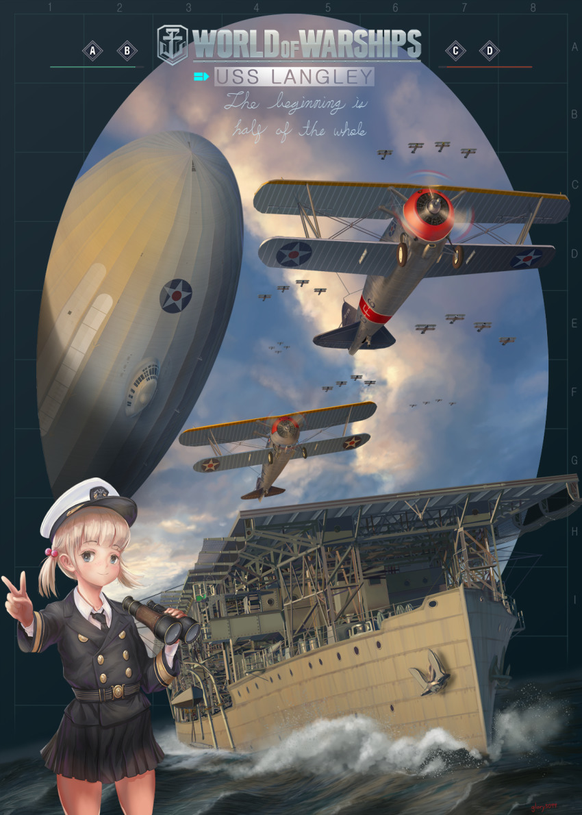 1girl aircraft aircraft_carrier airplane belt binoculars biplane black_neckwear black_skirt blonde_hair blue_sky character_name cloud copyright_name day dirigible english_text glory5099 grumman_f3f hair_bobbles hair_ornament hat highres holding holding_binoculars langley_(world_of_warships) military military_vehicle ocean outdoors personification ship short_hair skirt sky standing uss_langley_(cv-1) v vehicle_and_personification vehicle_focus warship watercraft waves white_headwear world_of_warships