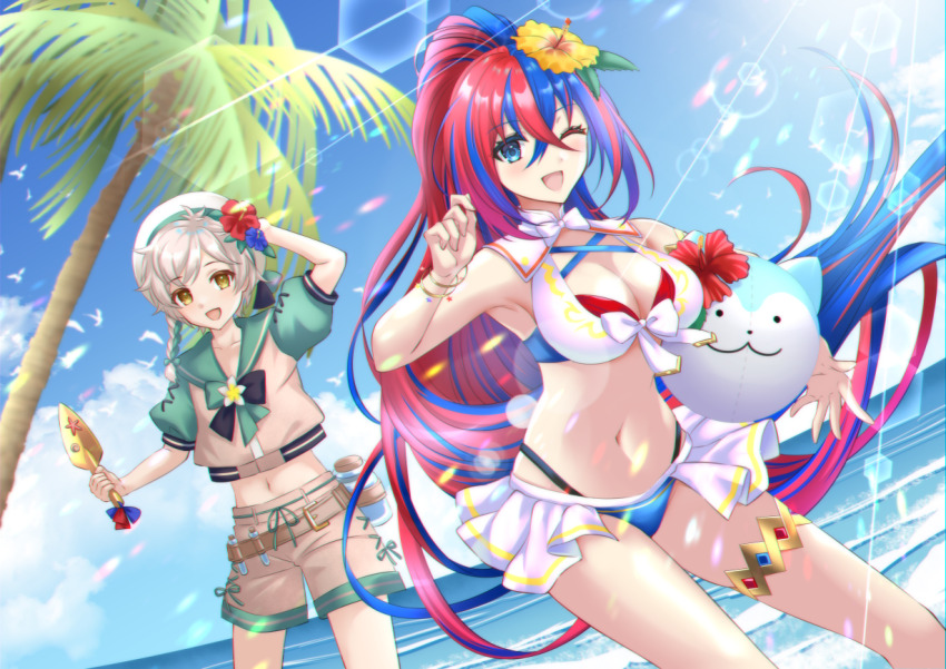 1boy 1girl alear_(female)_(fire_emblem) beach bikini blue_bikini blue_eyes blue_hair braid breasts character_ball clanne_(fire_emblem) clanne_(summer)_(fire_emblem) cleavage criss-cross_halter crossed_bangs female_alear_(fire_emblem) female_alear_(seaside_dragon)_(fire_emblem) fire_emblem fire_emblem_engage fire_emblem_heroes flower hair_ornament halterneck heterochromia kakiko210 large_breasts long_hair multicolored_bikini multicolored_hair multicolored_swimsuit navel nintendo ocean official_alternate_costume official_alternate_hairstyle ponytail red_bikini red_eyes red_hair single_braid sommie_(fire_emblem) split-color_hair swimsuit two-tone_hair very_long_hair white_bikini
