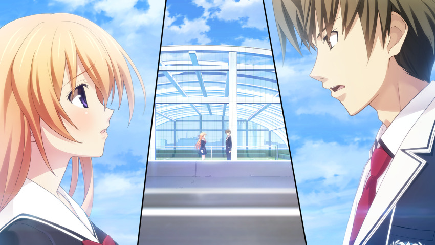 1boy 1girl architecture black_jacket black_pants blazer blue_sky bow breasts brown_eyes building chaos;child chaos;child_love_chu_chu!! chest_bow cityscape cloud cloudy_sky cropped_jacket dress_vest game_cg green_hair hair_ribbon hekiho_academy hekiho_academy_school_uniform highres jacket kawahara_masashi kurusu_nono ladder lapels long_hair looking_at_another looking_down medium_breasts miniskirt necktie notched_lapels official_art on_roof on_rooftop orange_hair outdoors pants purple_eyes red_necktie ribbon rooftop sailor_collar sailor_shirt sasaki_mutsumi school_emblem shirt short_hair skirt sky skyscraper tennis tennis_court tennis_net thick_thighs thighs very_short_hair white_sailor_collar