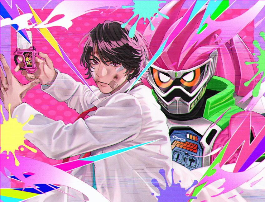1boy armor bodysuit brown_eyes brown_hair coat commentary henshin_pose highres houjou_emu kamen_rider kamen_rider_ex-aid kamen_rider_ex-aid_(series) lab_coat male_focus necktie pink_bodysuit pink_hair pink_theme power_armor red_necktie rider_gashat sasakura34 white_coat