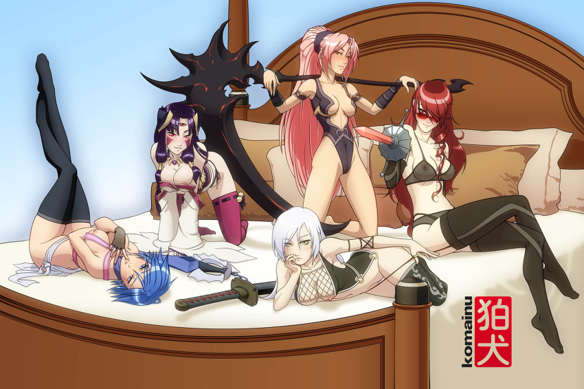 5girls agarest_senki agarest_senki_(series) all_fours anesha aqua_(kingdom_hearts) artist_name ayano_(luminous_arc) bed black_legwear blue_eyes blue_hair bottomless bra breasts cleavage cross_edge crossover fingerless_gloves fishnet_top fishnets garter_straps glasses gloves highres keyblade kingdom_hearts kingdom_hearts_birth_by_sleep kirijou_mitsuru kneeling komainu_(artist) legs_up leotard lingerie lips long_hair looking_at_viewer looking_over_eyewear luminous_arc lying multiple_girls nipples on_back on_bed on_side panties parted_lips persona persona_3 pillow pink_eyes pink_hair pointing_melee_weapon pointing_sword ponytail purple_hair rapier red_eyes red_hair scythe sheath sheathed sitting smile sunglasses sword third_eye underwear vira-lorr weapon white_hair yellow_eyes