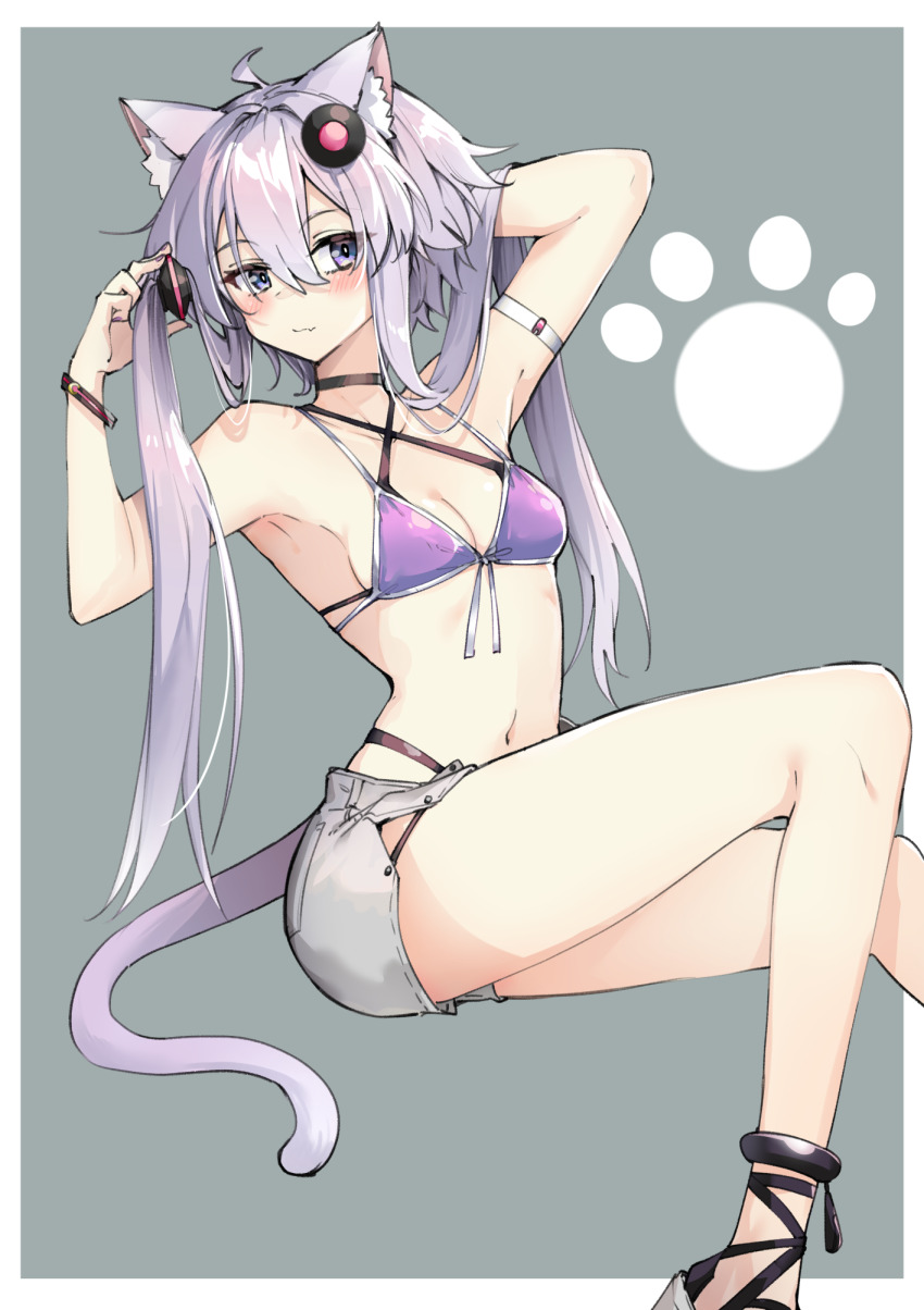 1girl ahoge animal_ear_fluff animal_ears arm_strap armpits bare_arms bare_legs bikini bikini_under_clothes bracelet breasts cat_ears cat_girl cat_tail cleavage collarbone criss-cross_halter grey_background grey_hair grey_shorts hair_ornament halterneck hand_in_own_hair highres invisible_chair jewelry kemonomimi_mode long_hair looking_at_viewer navel purple_bikini purple_eyes short_shorts shorts sideboob sitting small_breasts solo swimsuit tail twintails very_long_hair voiceroid yuzuki_yukari zooanime