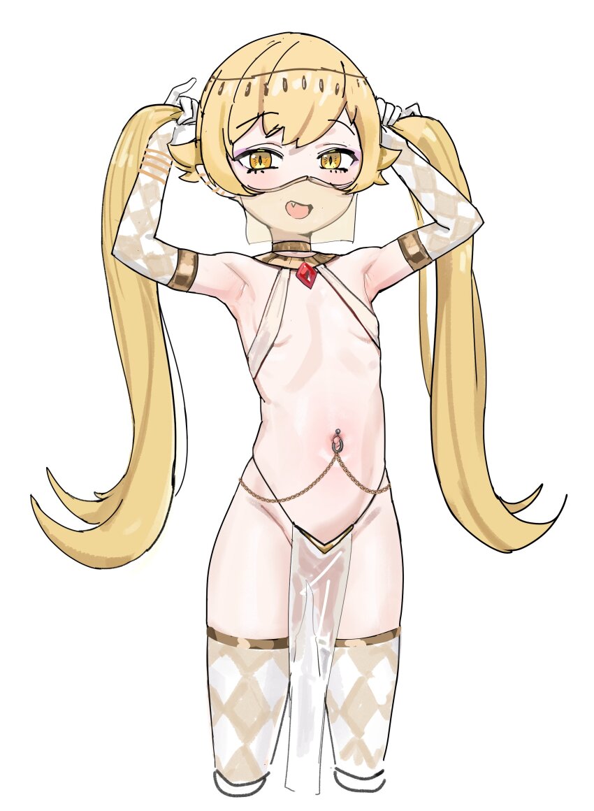 1girl absurdres armpits arms_up belly_chain blonde_hair blush bracelet breasts cinn_angl criss-cross_halter cropped_legs ear_piercing elbow_gloves fang gloves hair_flaps halterneck happy harem_outfit highres holding holding_own_hair jewelry loli long_hair makeup monogatari_(series) mouth_veil navel_piercing open_mouth oshino_shinobu pelvic_curtain piercing pinky_out pointy_ears revealing_clothes see-through_clothes small_breasts solo standing thighhighs twintails veil very_long_hair white_background yellow_eyes