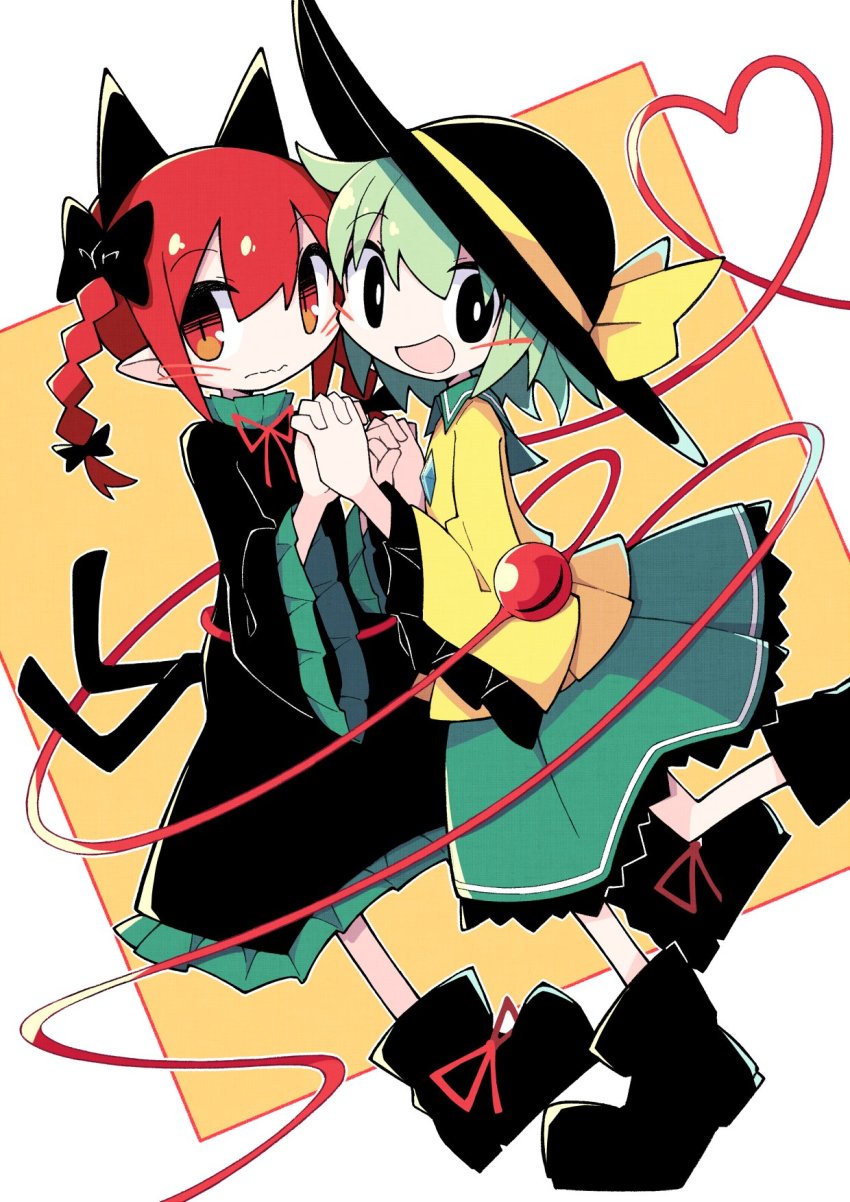 2girls :d animal_ears asameshi black_bow black_dress black_eyes black_footwear black_headwear bow braid bright_pupils cat_ears cat_tail closed_mouth dress extra_ears from_side green_hair green_skirt hair_bow hat hat_ribbon heart heart_of_string highres holding_hands kaenbyou_rin komeiji_koishi long_sleeves looking_at_viewer medium_hair multiple_girls multiple_tails nekomata open_mouth pointy_ears red_eyes red_hair red_ribbon ribbon shirt short_hair side_braids skirt smile standing standing_on_one_leg tail third_eye touhou twin_braids two_tails white_pupils wide_sleeves yellow_ribbon yellow_shirt