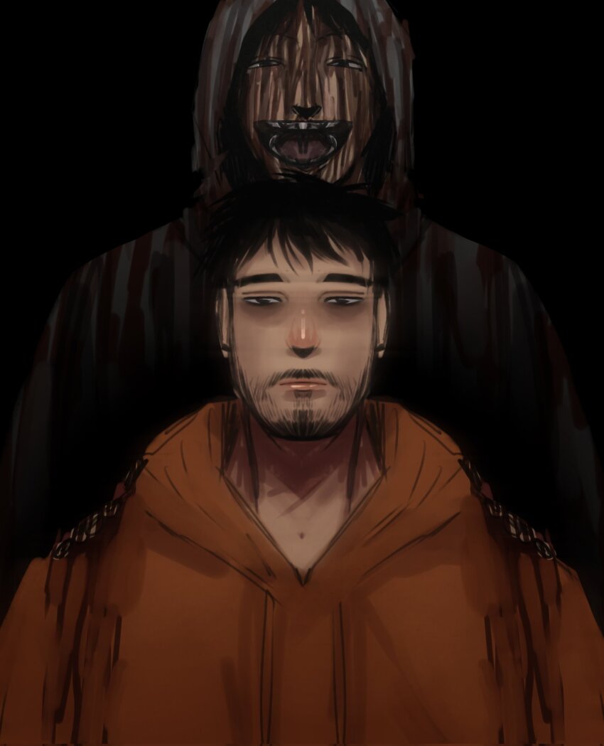 2boys :| bags_under_eyes beard_stubble black_background black_eyes black_hair blood blood_from_forehead blood_on_clothes blood_on_face closed_mouth crazy_grin cry_of_fear dual_persona exhausted facial_hair grey_hoodie hand_on_another&#039;s_shoulder highres hood hood_down hood_up hoodie looking_at_viewer male_focus multiple_boys open_mouth orange_hoodie panickedintig short_hair simon_henriksson simon_henriksson_(book) stubble