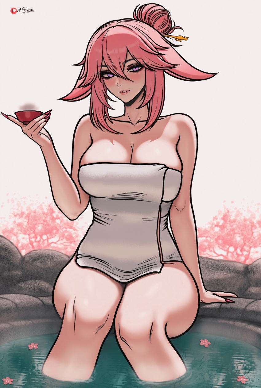 1girl absurdres ai-assisted animal_ears bare_shoulders blush breasts cherry_blossoms cleavage collarbone commentary cup english_commentary fingernails floppy_ears fox_ears genshin_impact hair_between_eyes hair_bun hair_ornament hair_stick hand_rest hand_up highres holding holding_cup large_breasts long_fingernails long_hair looking_at_viewer nail_polish naked_towel onsen outdoors parted_lips patreon_username pink_hair pink_nails prixmal purple_eyes sitting smile soaking_feet solo steam thighs towel water yae_miko