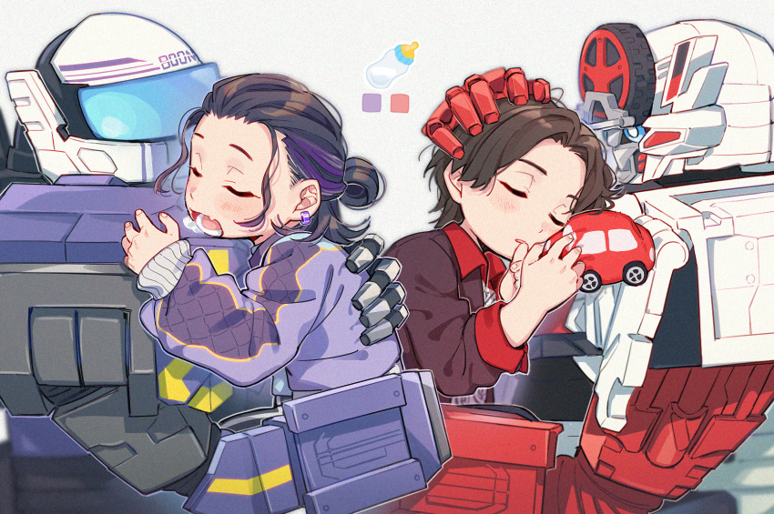 4boys aam09212 aged_down bakuage_sentai_boonboomger black_hair brown_hair bundorio_bunderas byun_diesel hando_taiya highres homura_sakito humanoid_robot jacket medium_hair multicolored_hair multiple_boys purple_hair purple_jacket red_jacket robot saliva short_hair simple_background sleeping streaked_hair super_sentai toy_car two-tone_hair white_background