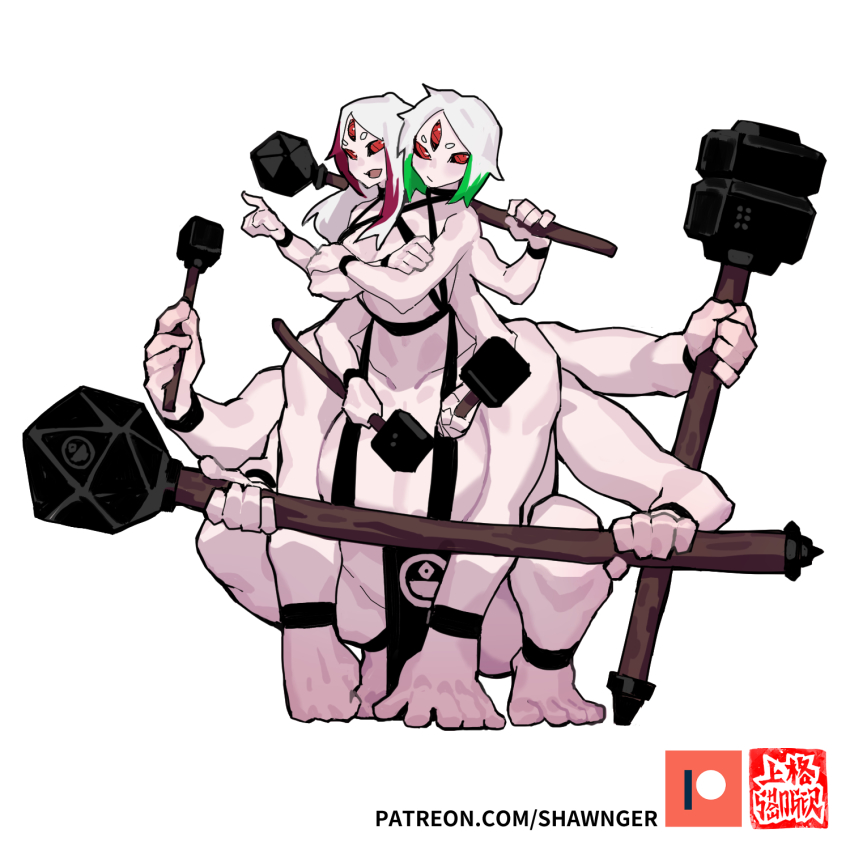 club_(weapon) crossed_arms dice_clan extra_arms highres monster_girl multicolored_hair multiple_eyes multiple_girls pale_skin patreon_logo shawnger two_heads unusual_pupils watermark white_hair