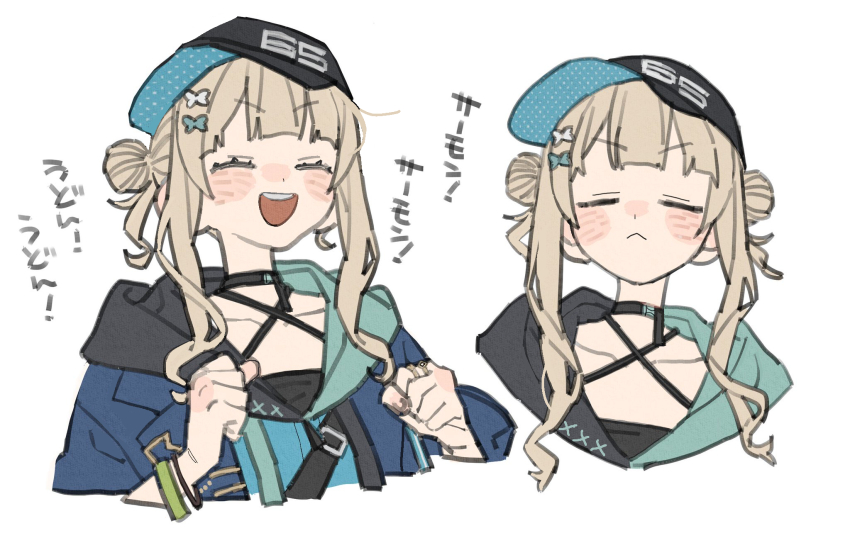 1girl bad_id bad_pixiv_id black_hat blonde_hair blue_jacket closed_eyes closed_mouth collarbone dayama double_bun flat_color hair_bun hat highres jacket kaburaki_roco kaburaki_roco_(1st_costume) multiple_views nijisanji open_clothes open_jacket open_mouth simple_background smile solo teeth translation_request upper_body upper_teeth_only virtual_youtuber white_background