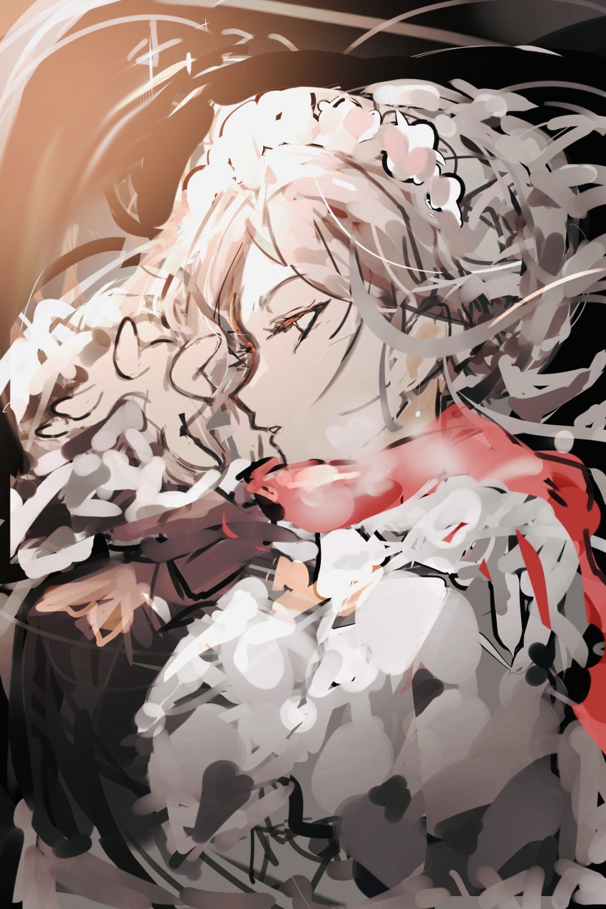 1girl absurdres expressionless floating_hair grey_hair highres izayoi_sakuya maid_headdress parted_lips po_(anhk5528) red_scarf scarf short_hair solo touhou