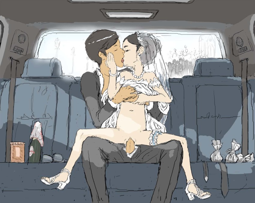 1boy 1girl age_difference artist_request bare_legs black_hair bracelet bridal_veil bride car car_interior champagne_flute closed_eyes clothed_sex clothes_lift cup dress dress_lift drinking_glass earrings feet flat_chest formal_clothes frilled_thigh_strap groom hair_bun hetero high_heels highres jewelry kiss loli motor_vehicle navel necklace no_panties panties pearl_necklace penis pussy reverse_upright_straddle sex sex_from_behind shoes short_hair single_hair_bun sketch spread_legs stomach straddling suit thigh_strap uncensored underwear unworn_panties upright_straddle vaginal veil wedding_dress white_footwear white_heels