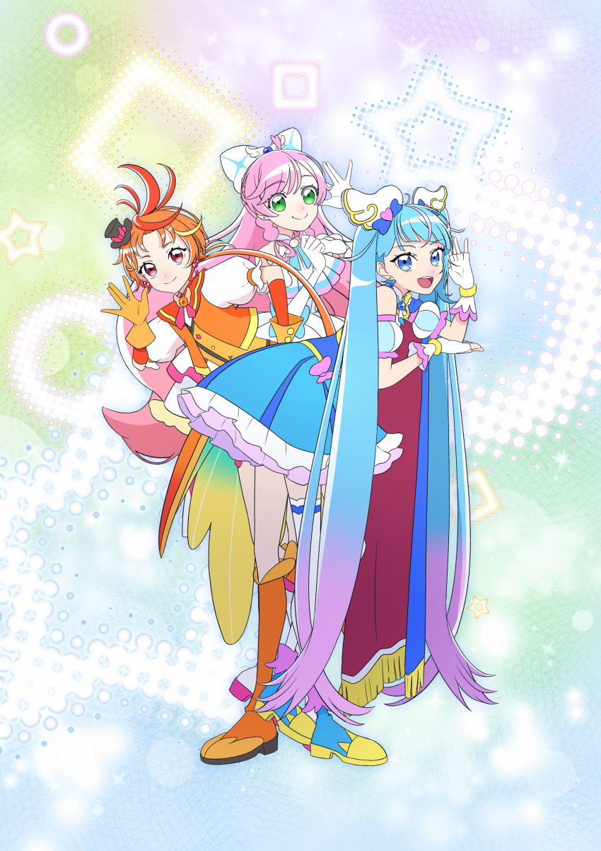 1boy 4girls absurdres ahoge ankle_boots ascot black_hat blue_boots blue_cape blue_dress blue_eyes blue_hair boots bow braid brooch cape closed_mouth commentary_request cure_prism cure_sky cure_wing cut_bangs detached_sleeves dress dress_bow earrings elbow_gloves fingerless_gloves frilled_dress frills fringe_trim glove_bow gloves gradient_hair green_eyes hair_bow hair_ornament hat highres hirogaru_sky!_precure jacket jewelry knee_boots layered_dress layered_gloves leaning_forward leaning_to_the_side long_hair looking_at_viewer low_ponytail magical_boy magical_girl mini_hat mini_top_hat multicolored_hair multiple_girls nijigaoka_mashiro open_mouth orange_boots orange_gloves orange_hair orange_jacket orange_vest pink_bow pink_hair ponytail precure puffy_detached_sleeves puffy_short_sleeves puffy_sleeves red_cape red_eyes ring_a_b short_dress short_sleeves side_braids single_sidelock sleeveless sleeveless_dress smile sora_harewataru standing star_(symbol) streaked_hair thighhighs tilted_headwear top_hat twintails two-sided_cape two-sided_fabric two-tone_hair very_long_hair vest waving white_ascot white_boots white_bow white_gloves white_thighhighs wing_brooch wing_hair_ornament yuunagi_tsubasa