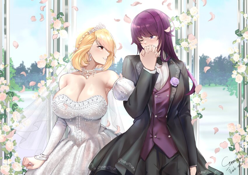 2girls absurdres alternate_costume azur_lane bare_shoulders black_coat black_vs_white blonde_hair braid breasts bridal_veil claire_ross_(pumpkinpaii) cleavage coat column commander_(azur_lane) commission cowboy_shot crown_braid detached_sleeves dress earrings female_commander_(azur_lane) female_focus flower gag highres holding_hands irkawaza jewelry large_breasts multiple_girls necklace outdoors petals pillar prince_of_wales_(azur_lane) purple_hair tiara veil vest wedding wedding_dress white_dress wiffle_gag yuri