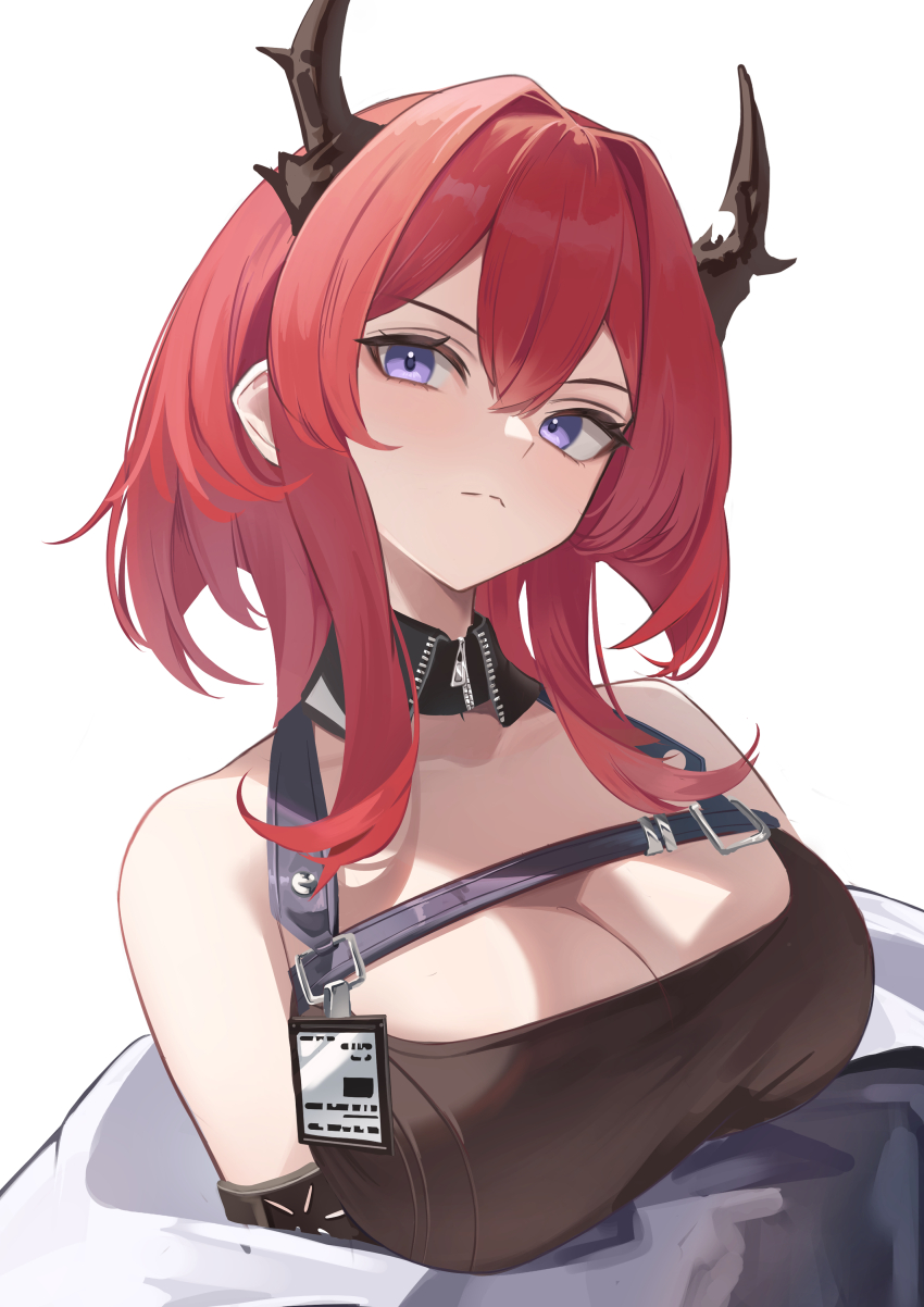 1girl absurdres arknights breasts character_request cleavage detached_collar highres horns id_card long_hair looking_at_viewer purple_eyes red_hair remapack77 simple_background solo surtr_(arknights) upper_body white_background