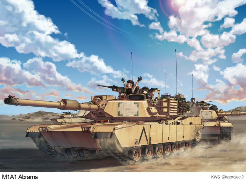 4girls arms_up artist_name blonde_hair blue_eyes brown_eyes brown_hair browning_m2 camouflage cannon cloud contrail day desert desert_camouflage goggles goggles_on_headwear gun headset heavy_machine_gun helmet kws lens_flare load_bearing_vest m1_abrams machine_gun military military_vehicle motor_vehicle mountain multiple_girls operator-chan original outdoors outstretched_arms sun tank united_states vehicle weapon