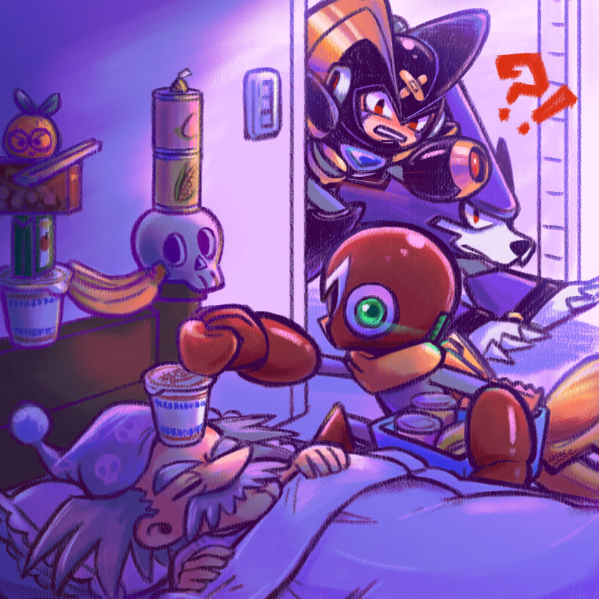 !? 3boys android apple banana bass_(mega_man) chopsticks dr._wily_(mega_man) facial_hair food fruit highres holding holding_food holding_fruit indoors laser-lance mega_man_(classic) mega_man_(series) multiple_boys mustache nissin_cup_noodle parted_lips proto_man red_eyes scarf treble_(mega_man) under_covers yellow_scarf