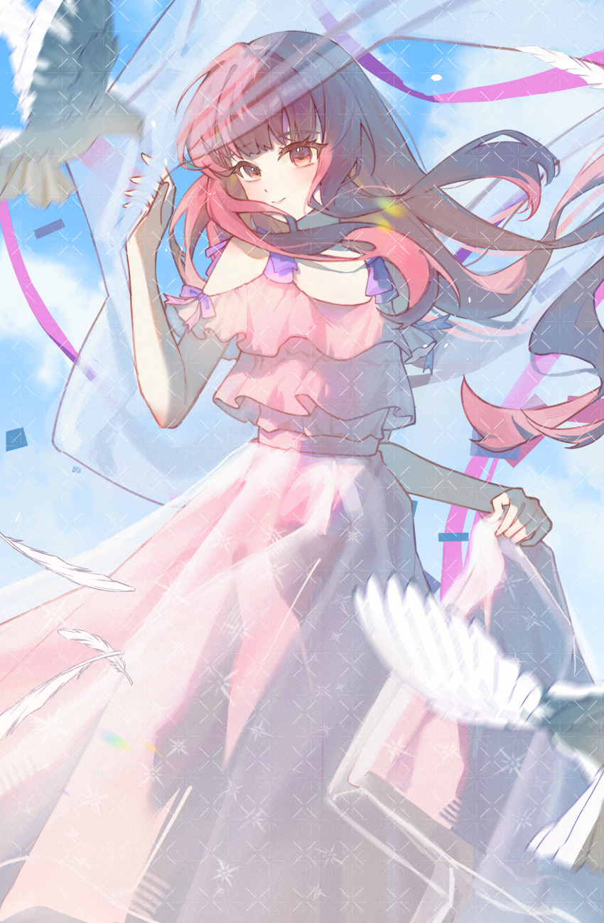 1girl absurdres artist_request bare_arms bare_shoulders bird blue_sky brown_eyes closed_mouth clothing_cutout cloud commission dot_nose dove dress eyelashes feet_out_of_frame floating_hair frilled_dress frills happy highres light_blush light_particles long_dress long_hair looking_to_the_side miracle_nikki nikki_(nikki) nikki_(series) pink_dress pink_hair second-party_source short_sleeves shoulder_cutout sidelocks skirt_hold sky smile solo streamers watermark watermark_grid wavy_hair wind