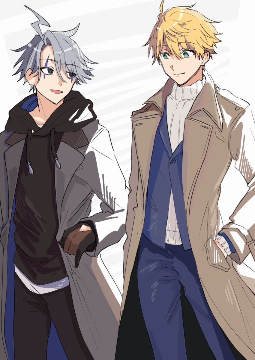 2boys :d ahoge alternate_costume araiyoko_(fxcw5834) arthur_pendragon_(fate) arthur_pendragon_(winter_party)_(fate) black_eyes black_gloves black_hoodie black_pants blonde_hair blue_jacket blue_pants brown_coat brown_gloves closed_mouth coat cowboy_shot curtained_hair drawstring eye_contact facial_mark fate/grand_order fate_(series) gloves green_eyes grey_coat grey_hair hair_between_eyes hand_in_pocket highres hood hood_down hoodie jacket james_moriarty_(ruler)_(fate) lapels lightning_ahoge long_sleeves looking_at_another male_focus multicolored_gloves multiple_boys notched_lapels open_clothes open_coat open_mouth pants ribbed_sweater short_hair simple_background smile standing sweater trench_coat turtleneck turtleneck_sweater white_sweater