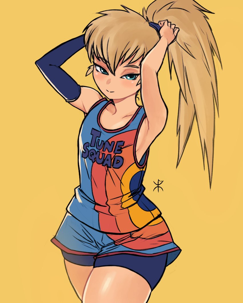1girl absurdres apoloniodraws arm_strap basketball_uniform blue_eyes english_text highres humanization lola_bunny looking_at_viewer looney_tunes ponytail ribbon simple_background space_jam space_jam:_a_new_legacy sportswear tying_hair yellow_background