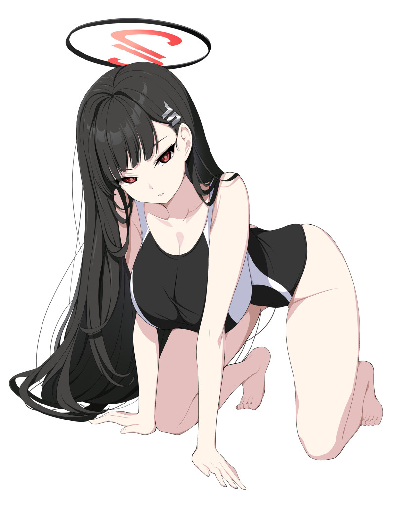1girl absurdres all_fours bare_shoulders barefoot black_hair black_one-piece_swimsuit blue_archive breasts cleavage hair_ornament hairclip halo highres koflif large_breasts long_hair looking_at_viewer one-piece_swimsuit parted_lips red_eyes ringed_eyes rio_(blue_archive) school_swimsuit simple_background solo swimsuit very_long_hair white_background
