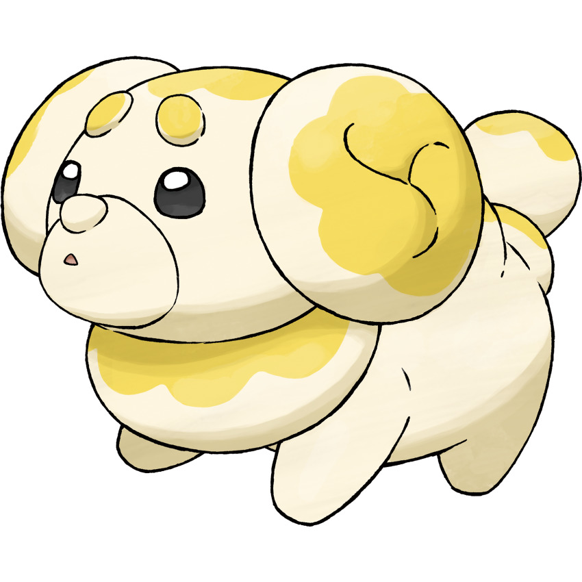 dog fidough full_body highres looking_ahead nintendo no_humans non-web_source official_art parted_lips pokemon pokemon_(creature) pokemon_focus pokemon_sv simple_background solo standing thick_eyebrows third-party_source three_quarter_view transparent_background triangle_mouth yellow_fur