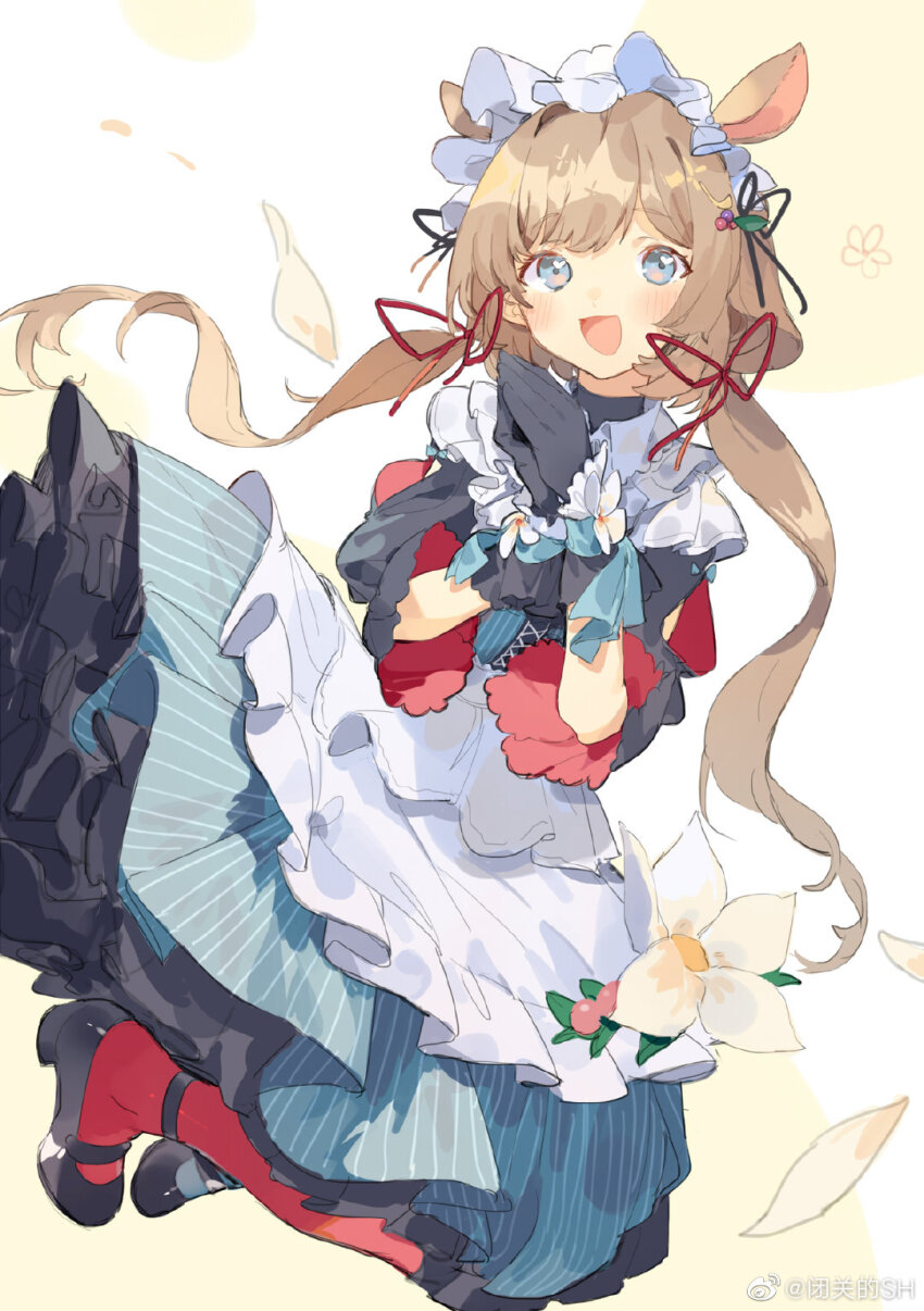 1girl animal_ears anklet apron aqua_dress berry black_gloves black_ribbon black_shirt black_shoes black_wrist_cuffs blue_eyes blunt_bangs brown_hair character_request chinese_commentary clothing_cutout commentary_request cross-laced_clothes cross-laced_dress deer_ears dot_nose dress eyelashes floating_clothes floating_hair flower food-themed_hair_ornament frilled_apron frilled_dress frilled_wrist_cuffs frills full_body gloves hair_ornament hair_ribbon hairband hairclip high_heels highres jewelry juliet_sleeves jumping leaf_hair_ornament light_blush long_dress long_hair long_sleeves looking_at_viewer low_twintails maid maid_headdress mary_janes open_mouth own_hands_together pantyhose petals petticoat pleated_dress polka_dot polka_dot_background princess_connect! puffy_sleeves pumps red_pantyhose red_ribbon red_sleeves ribbon sh_(shinh) shirt shirt_under_dress shoes shoulder_cutout smile solo striped_clothes striped_dress swept_bangs tareme twintails two-sided_sleeves two-tone_wrist_cuffs vertical-striped_clothes vertical-striped_dress very_long_hair waist_apron watermark wavy_hair weibo_watermark white_apron white_background white_flower white_hairband white_wrist_cuffs wrist_cuffs wrist_flower
