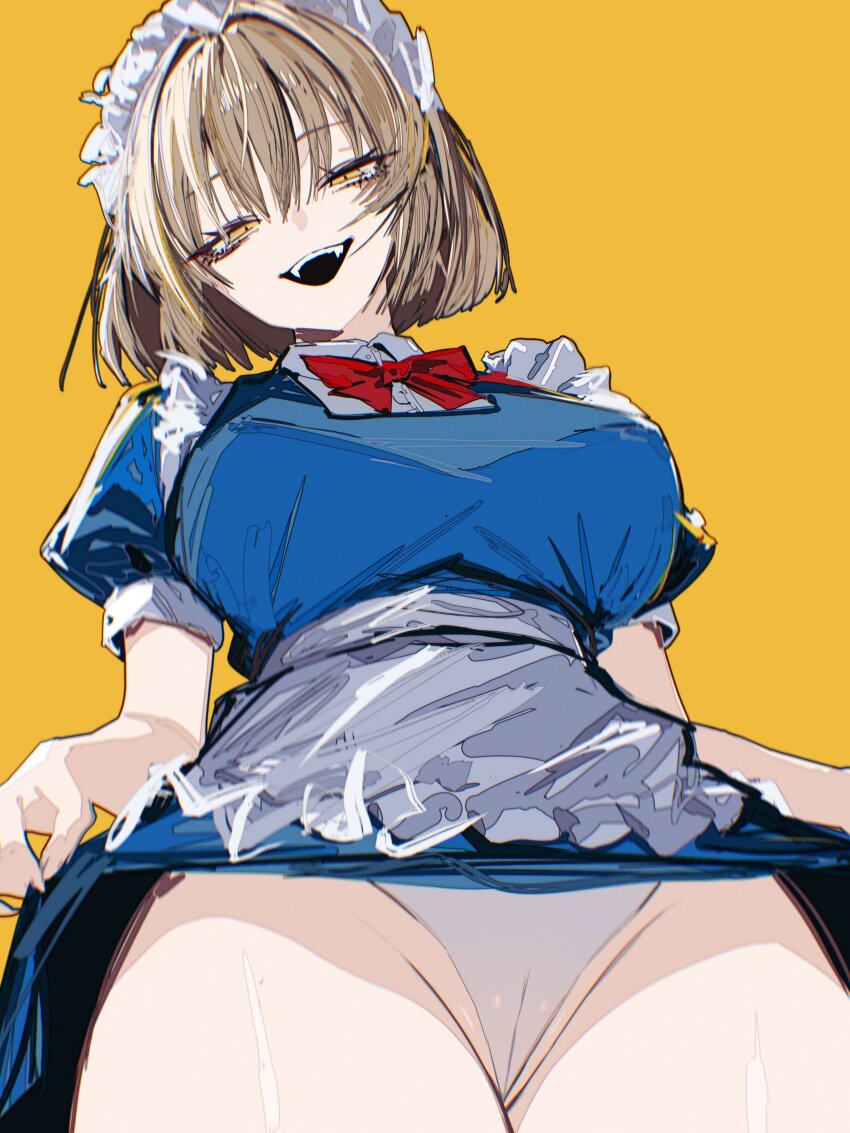 1girl absurdres apron blonde_hair blue_dress bow bowtie breasts cameltoe clothes_lift commentary cowboy_shot dress dress_lift fangs from_below highres large_breasts lifting_own_clothes maid maid_apron maid_headdress mugetsu_(touhou) open_mouth orange_background panties puffy_short_sleeves puffy_sleeves red_bow red_bowtie short_hair short_sleeves simple_background smile solo standing teeth touhou touhou_(pc-98) traditional_bowtie underwear upper_teeth_only vxdrq waist_apron white_apron white_panties wing_collar yellow_eyes