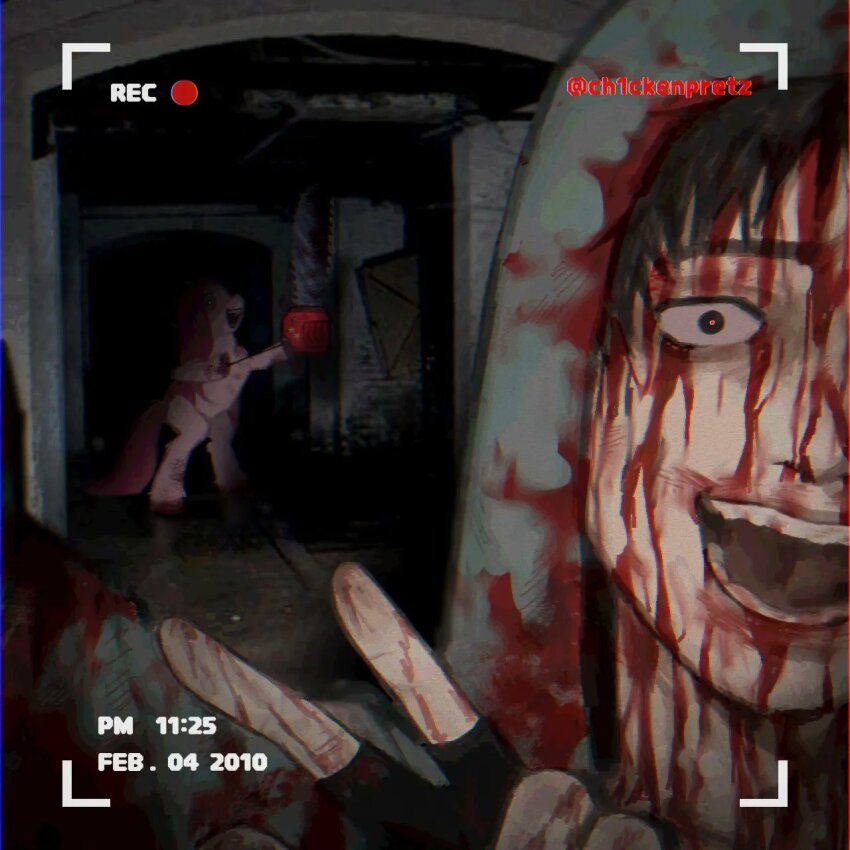 1boy abandoned atmospheric_perspective black_gloves black_hair blood blood_on_clothes blood_on_hands blood_on_mouth bloodshot_eyes camera ch1ckenpretz chainsaw crazy_eyes cry_of_fear dark evil_grin evil_smile fake_screenshot fingerless_gloves gloves grey_hoodie grin highres holding holding_camera holding_chainsaw hood hood_up hoodie indoors male_focus my_little_pony my_little_pony:_friendship_is_magic out_of_frame pinkamena_diane_pie pinkie_pie selfie simon_henriksson_(book) smile solo v