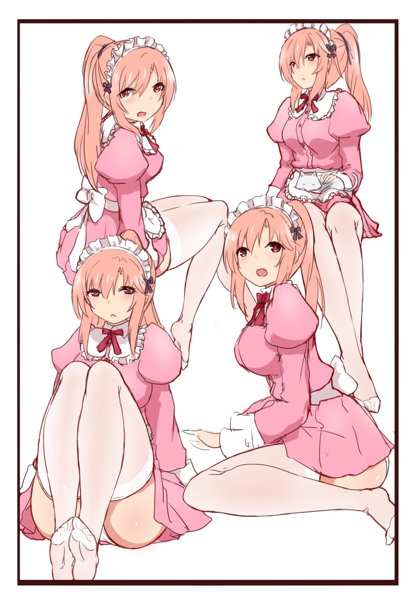 1girl :&lt; absurdres alternate_costume apron breasts brown_eyes brown_hair cat enmaided fang feet highres hu_sea large_breasts long_hair maid maid_headdress medium_breasts multiple_views nishiyama_serina no_shoes panties pantyshot pink_eyes pink_hair ponytail sansha_san&#039;you simple_background sitting thighhighs underwear waist_apron white_background white_thighhighs