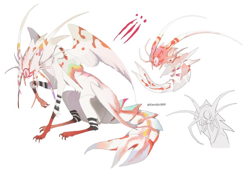 animal_focus antennae claw_mark claws feathered_wings from_side full_body highres kamikiririp monster multiple_views multiple_wings no_humans no_mouth one-eyed original pink_eyes shrimp_tail simple_background sitting slit_pupils tail twitter_username white_background wings