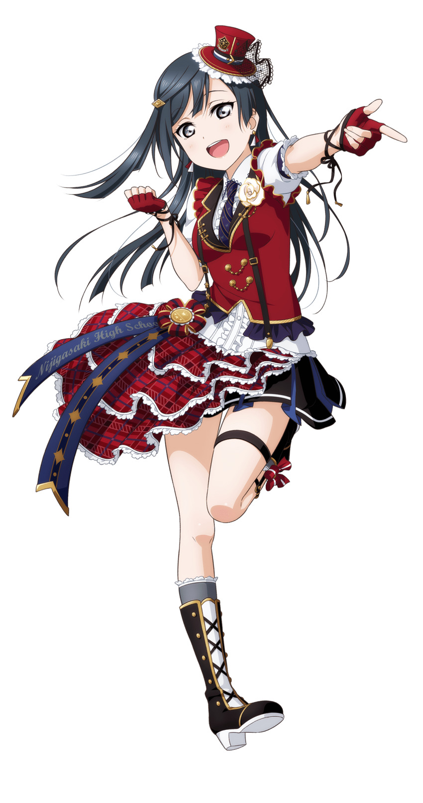 1girl :d absurdres asymmetrical_skirt black_boots black_hair black_necktie black_skirt boots breasts center_frills chase!_(love_live!) clenched_hand collared_shirt diagonal-striped_clothes diagonal-striped_necktie diamond_hair_ornament dress_shirt finger_gun fingerless_gloves frilled_shirt frills full_body gloves grey_eyes grey_socks hat highres jacket knee_boots kneehighs lace-up_boots leg_up long_hair love_live! love_live!_nijigasaki_high_school_idol_club love_live!_school_idol_festival_all_stars medium_breasts mini_hat mini_top_hat necktie official_alternate_costume official_art one_side_up open_mouth puffy_short_sleeves puffy_sleeves red_gloves red_hat red_jacket shirt short_sleeves simple_background skirt sleeveless sleeveless_jacket smile socks solo standing standing_on_one_leg striped_clothes teeth top_hat transparent_background upper_teeth_only white_shirt yuki_setsuna