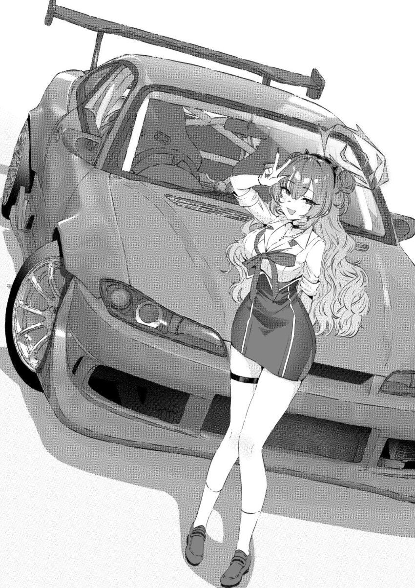 1girl arm_behind_back black_footwear blue_archive breasts car choker cleavage fluffy_hair gyaru hair_between_eyes highres jewelry jun_project kirara_(blue_archive) large_breasts legband long_hair monochrome motor_vehicle necklace nissan_silvia nissan_silvia_s15 open_mouth pencil_skirt ribbon shirt skirt socks v white_shirt wide_hips