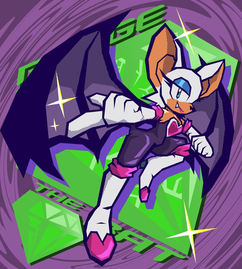 1girl absurdres animal_ears animal_nose bat_ears bat_girl bat_wings black_bodysuit blue_eyeshadow bodysuit boots breasts cleavage eyelashes eyeshadow fang full_body furry furry_female gem gloves green_eyes green_gemstone highres looking_at_viewer makeup pink_lips pointing pointing_at_viewer purple_background rouge_the_bat simple_background smile solo sonic_(series) standing tail tan viticultist white_boots white_fur white_gloves white_hair wings