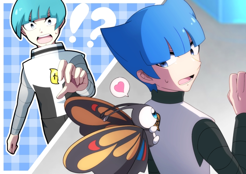 !? 2boys black_shirt blue_eyes blue_hair blunt_bangs border commentary_request creatures_(company) game_freak green_hair heart highres logo lower_teeth_only male_focus manami_saturn multiple_boys nintendo open_mouth outline pokemon pokemon_(creature) pokemon_dppt pokemon_on_back saturn_(pokemon) shirt short_hair spoken_heart sweatdrop team_galactic team_galactic_grunt team_galactic_uniform teeth tongue vest white_border